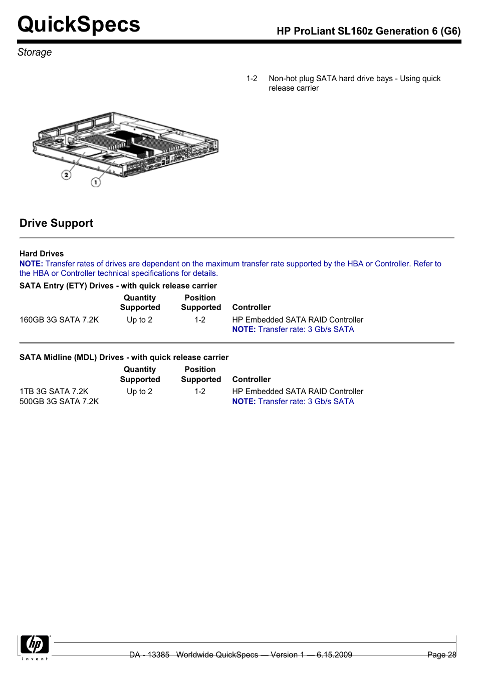 Storage, Quickspecs, Drive support | HP SL160Z User Manual | Page 28 / 33