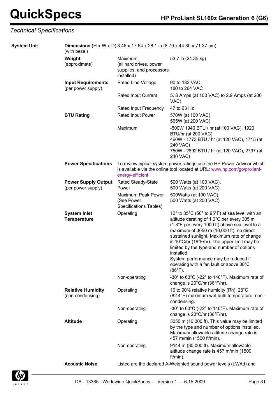 Technical specifications, Quickspecs | HP SL160Z User Manual | Page 31 / 33