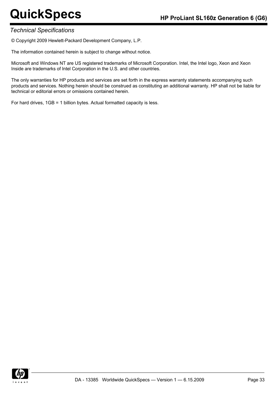 Quickspecs | HP SL160Z User Manual | Page 33 / 33