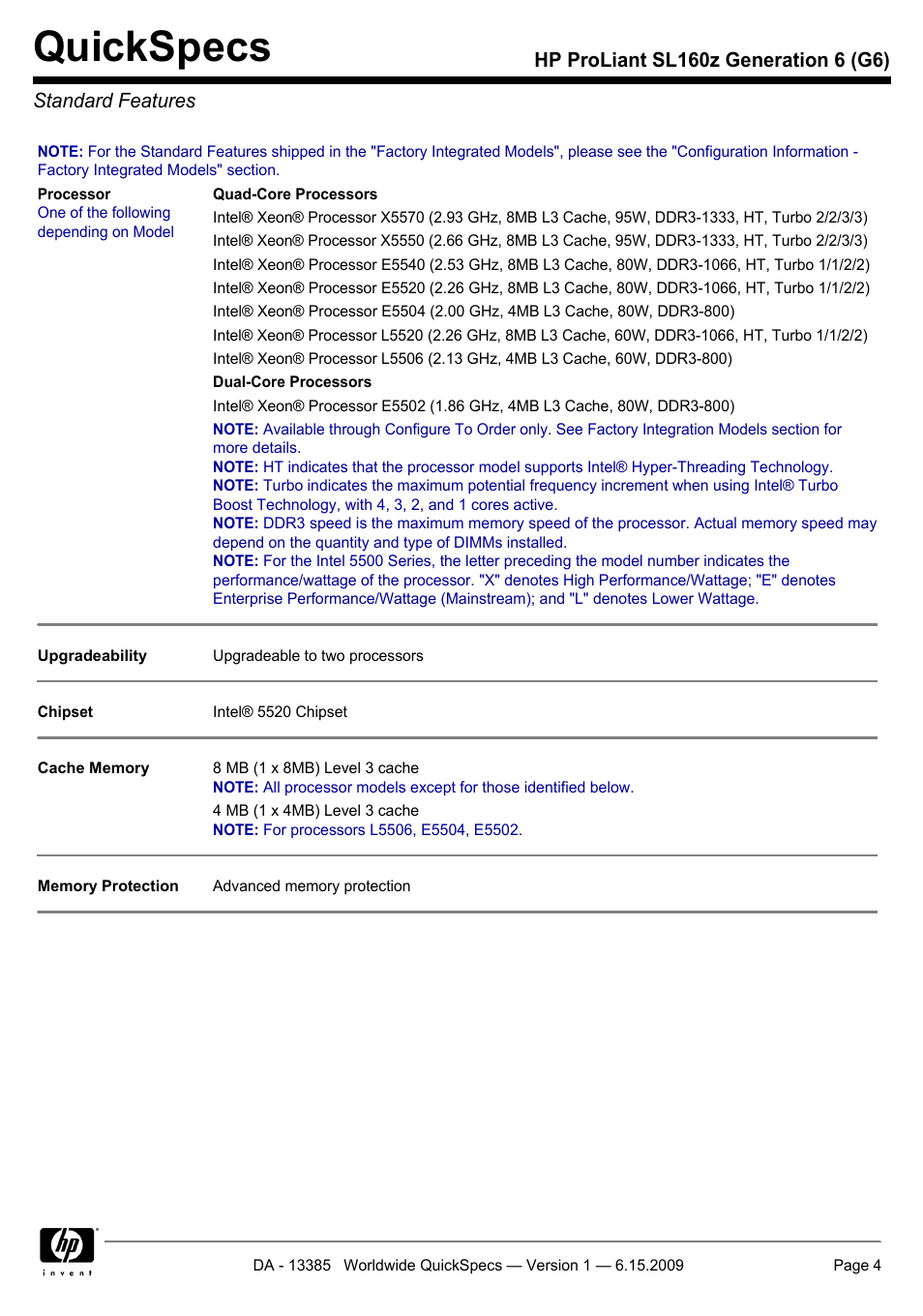 Standard features, Quickspecs | HP SL160Z User Manual | Page 4 / 33