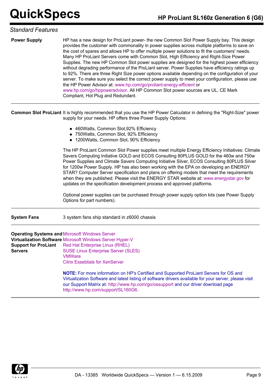 Quickspecs | HP SL160Z User Manual | Page 9 / 33