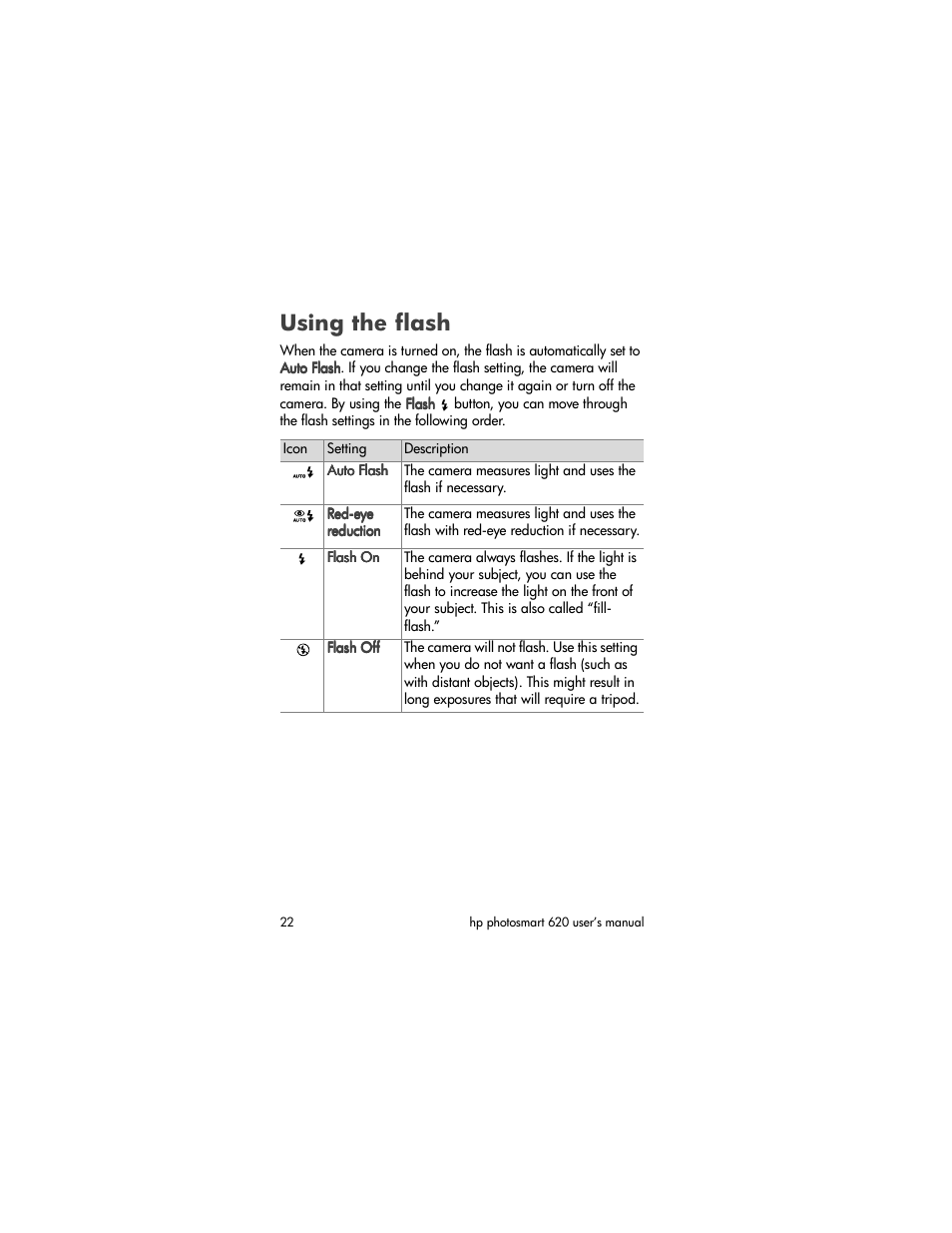 Using the flash | HP PhotoSmart 620 User Manual | Page 24 / 80