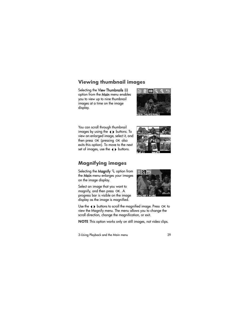 Viewing thumbnail images, Magnifying images | HP PhotoSmart 620 User Manual | Page 31 / 80