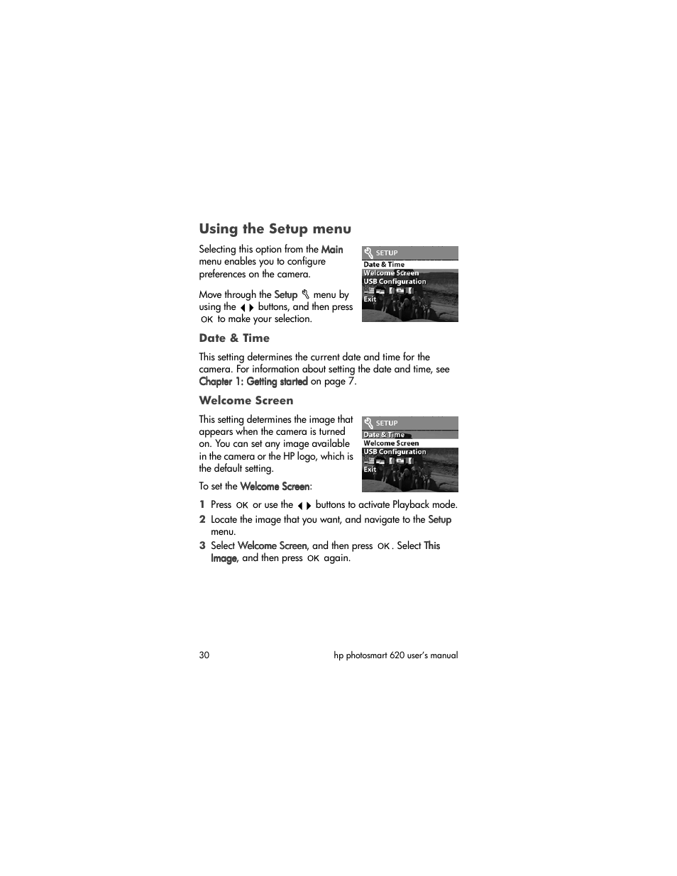 Using the setup menu | HP PhotoSmart 620 User Manual | Page 32 / 80