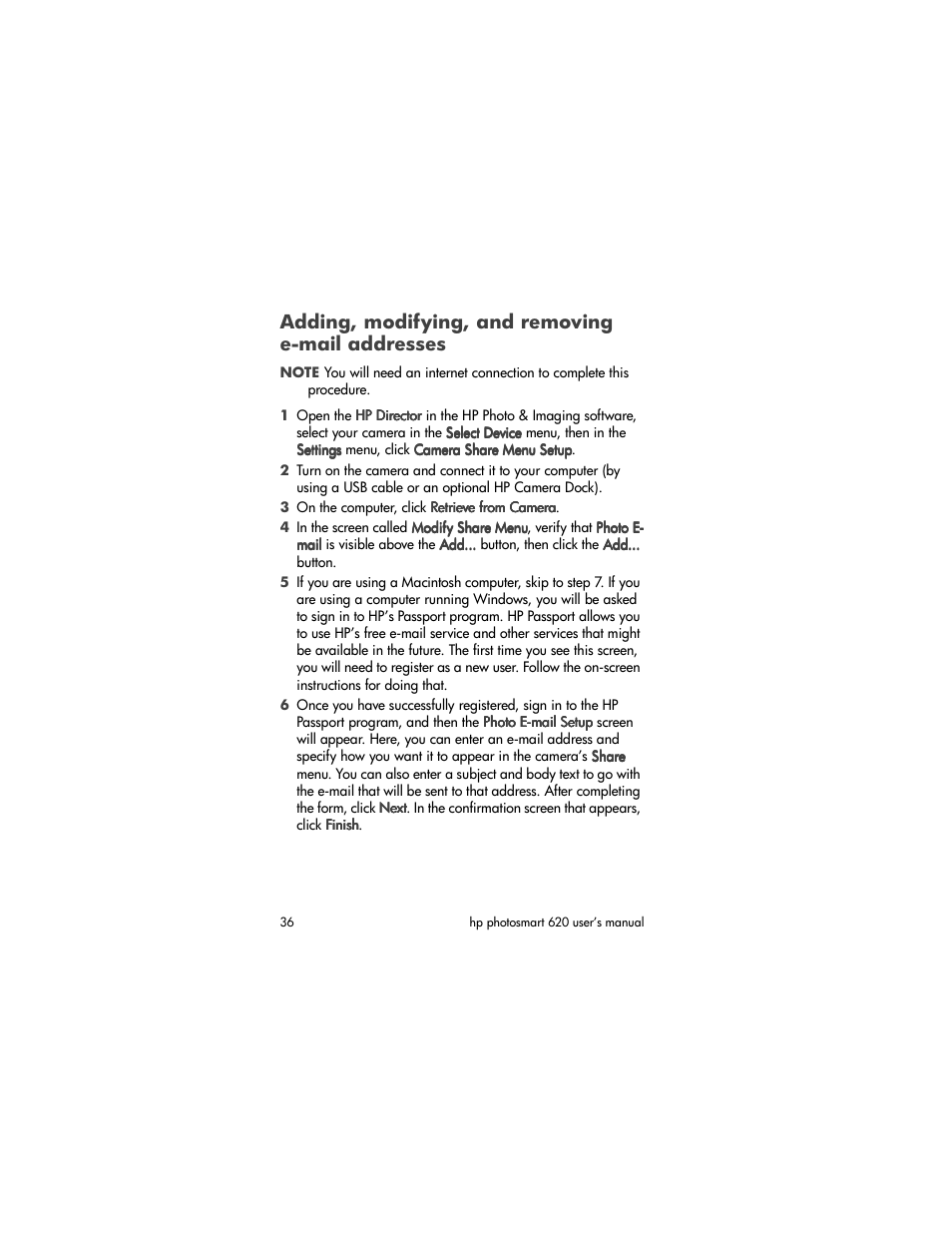 Adding, modifying, and removing e-mail addresses | HP PhotoSmart 620 User Manual | Page 38 / 80