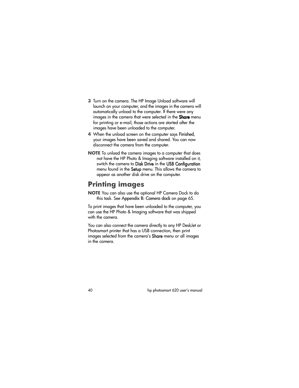 Printing images | HP PhotoSmart 620 User Manual | Page 42 / 80