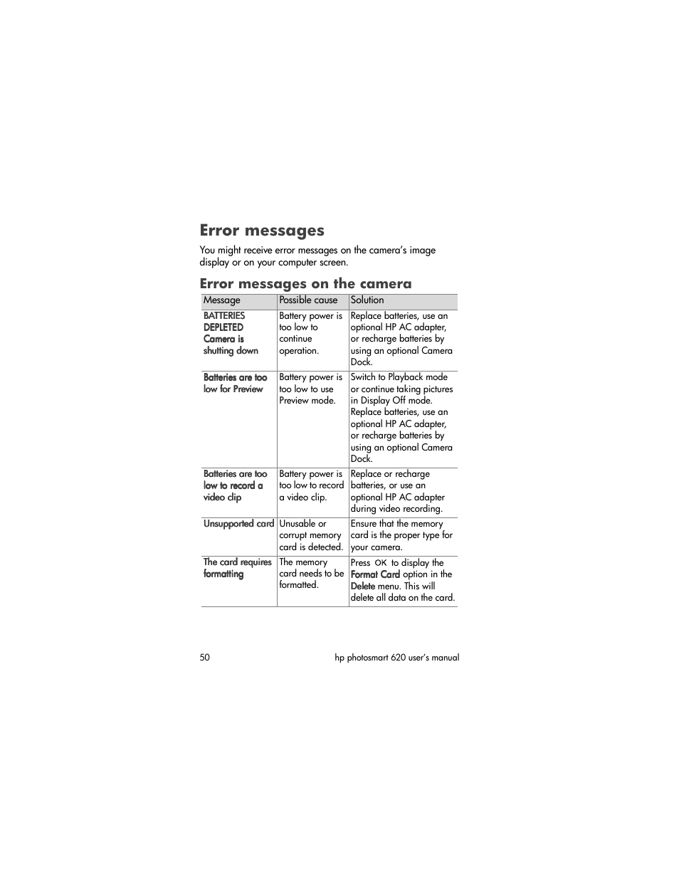 Error messages, Error messages on the camera | HP PhotoSmart 620 User Manual | Page 52 / 80