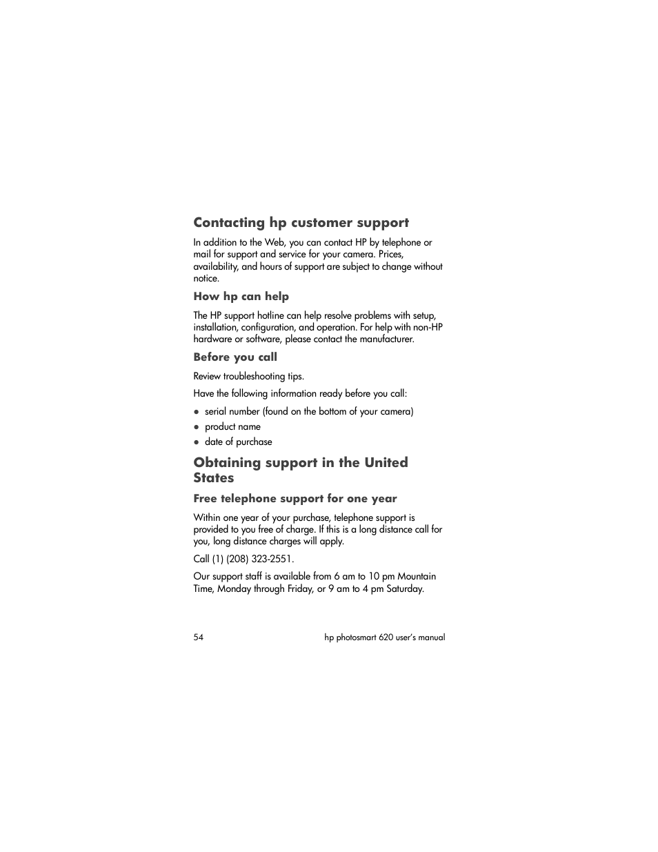 Contacting hp customer support, Obtaining support in the united states | HP PhotoSmart 620 User Manual | Page 56 / 80