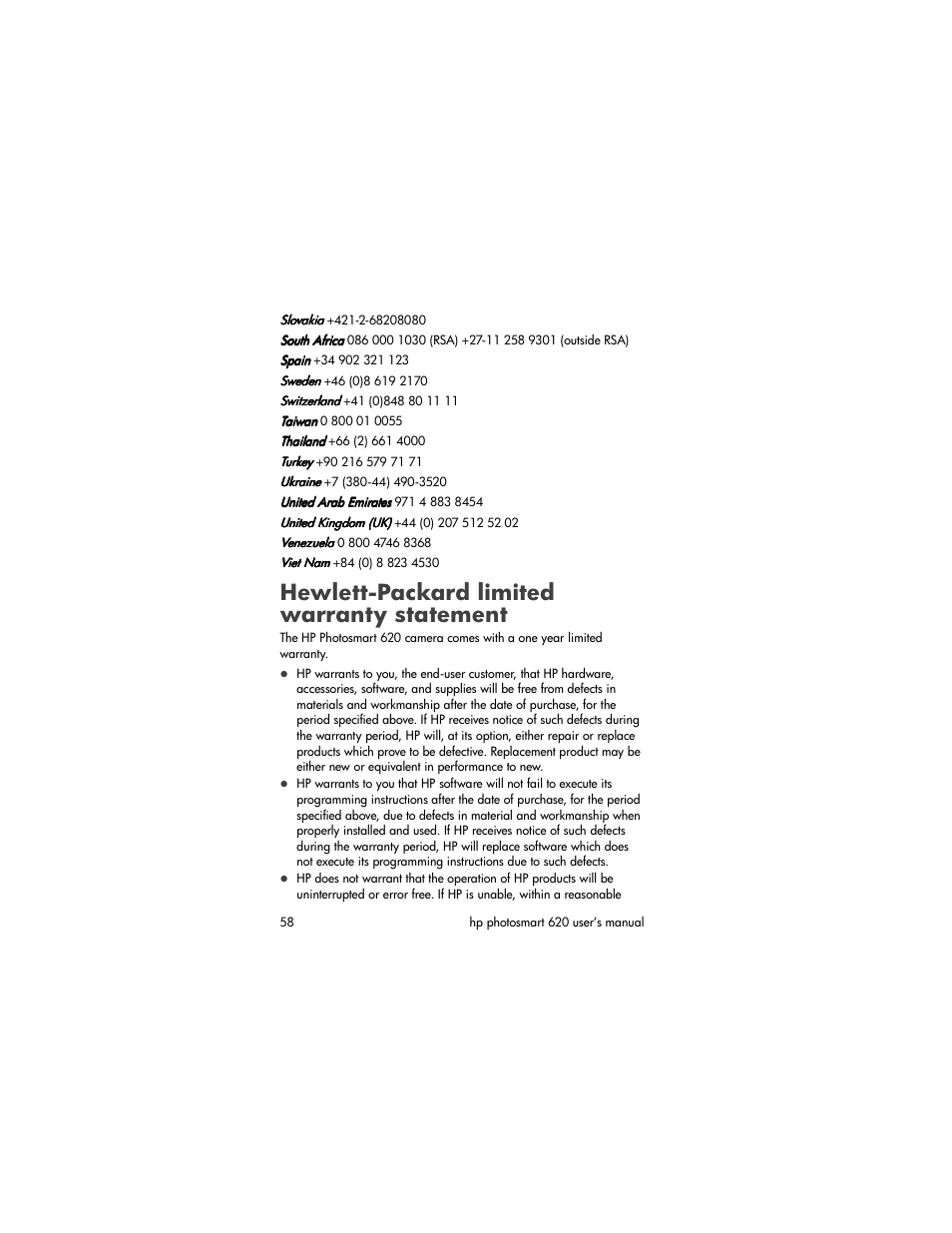 Hewlett-packard limited warranty statement | HP PhotoSmart 620 User Manual | Page 60 / 80