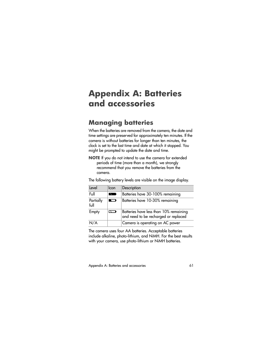 Appendix a: batteries and accessories, Managing batteries | HP PhotoSmart 620 User Manual | Page 63 / 80