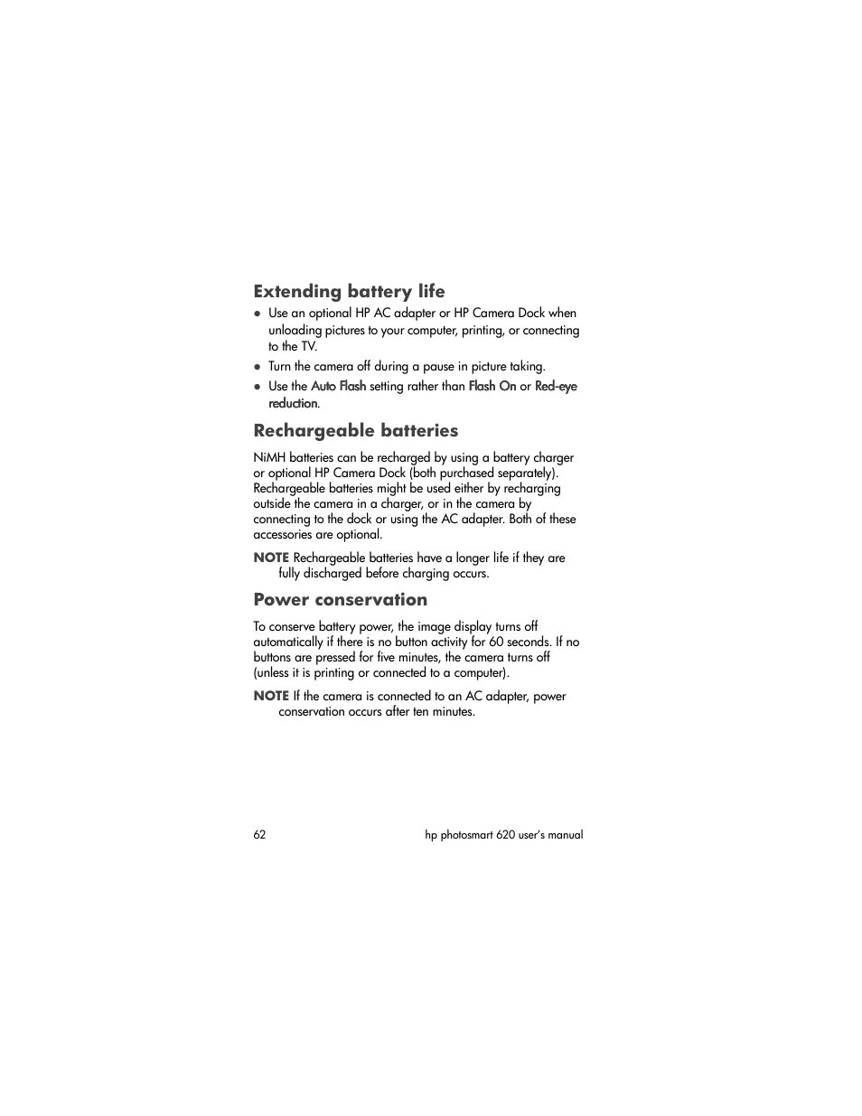 Extending battery life, Rechargeable batteries, Power conservation | HP PhotoSmart 620 User Manual | Page 64 / 80