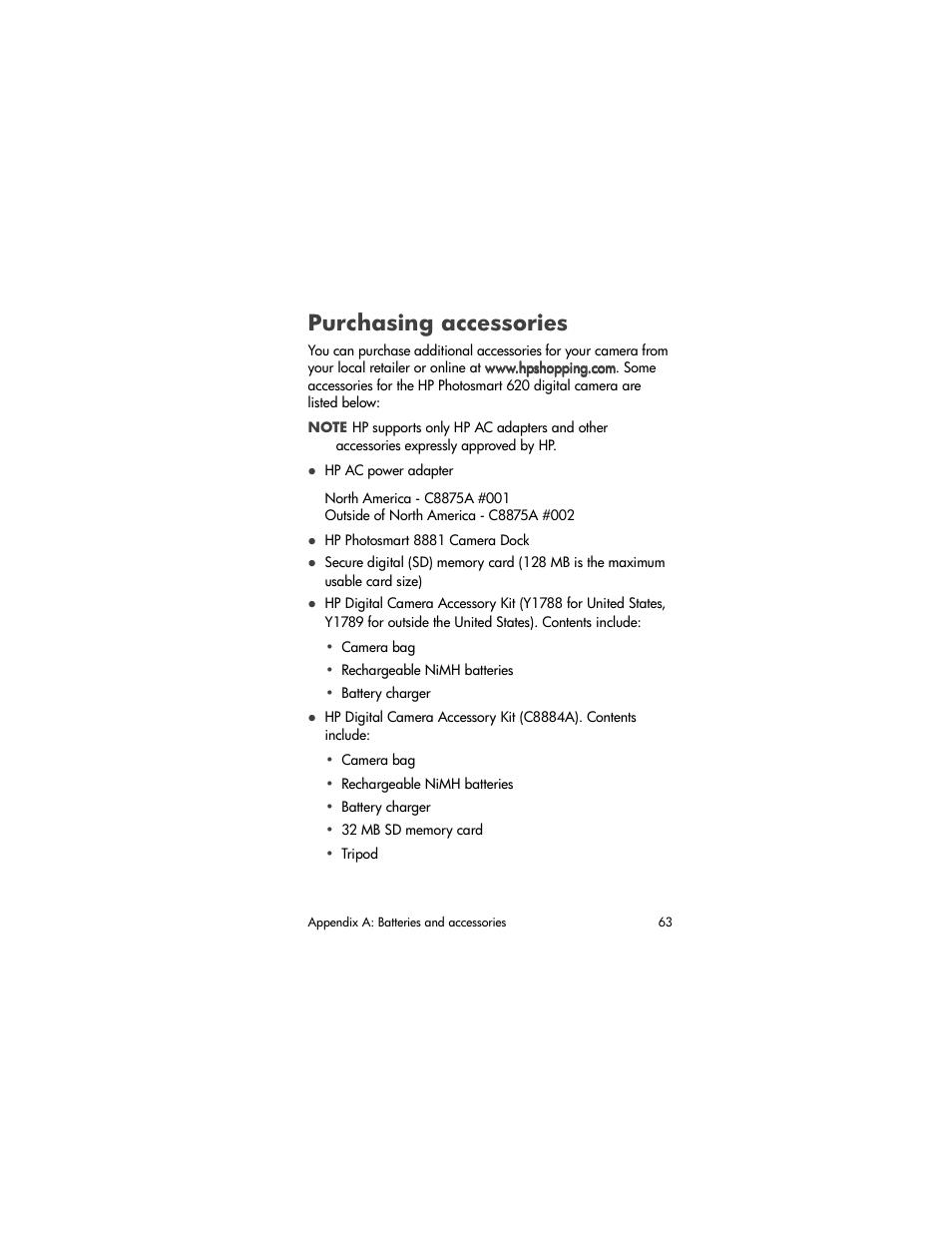 Purchasing accessories | HP PhotoSmart 620 User Manual | Page 65 / 80