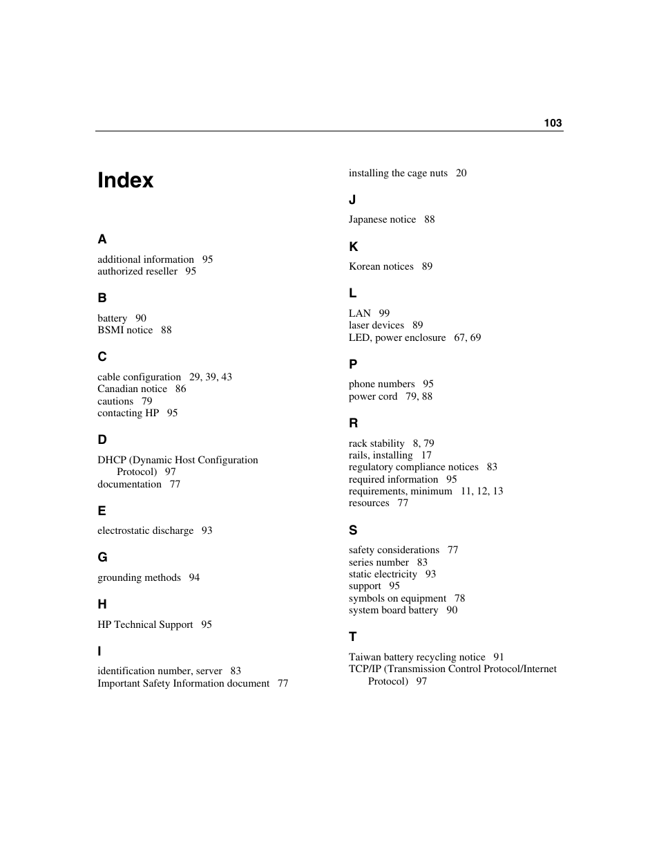 Index, Index 103 | HP 354556-002 User Manual | Page 103 / 104