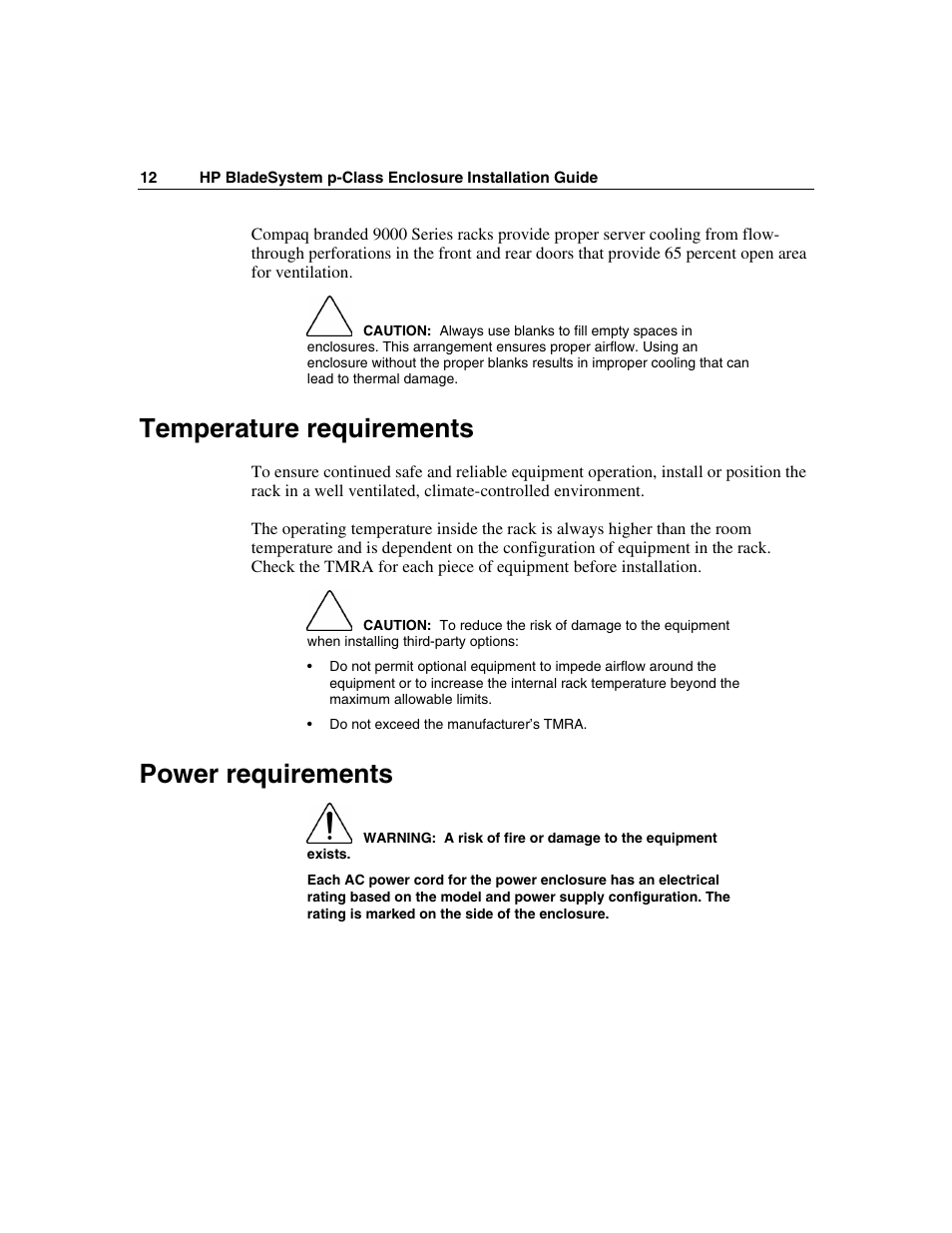 Temperature requirements, Power requirements | HP 354556-002 User Manual | Page 12 / 104