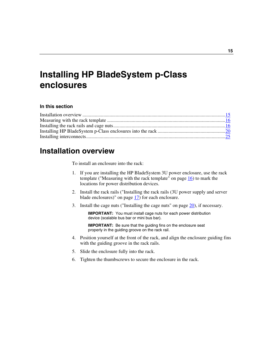 Installing hp bladesystem p-class enclosures, Installation overview | HP 354556-002 User Manual | Page 15 / 104
