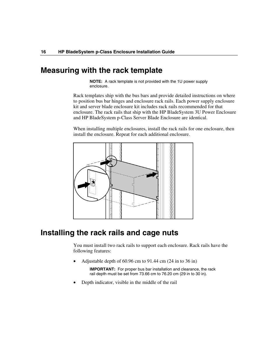 Measuring with the rack template, Installing the rack rails and cage nuts, To mark the | HP 354556-002 User Manual | Page 16 / 104