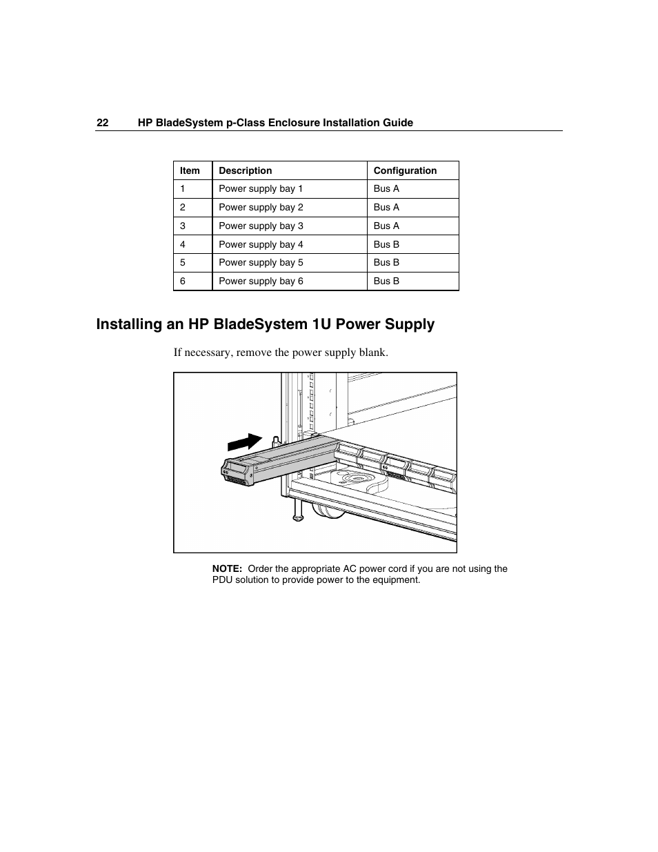 Installing an hp bladesystem 1u power supply | HP 354556-002 User Manual | Page 22 / 104