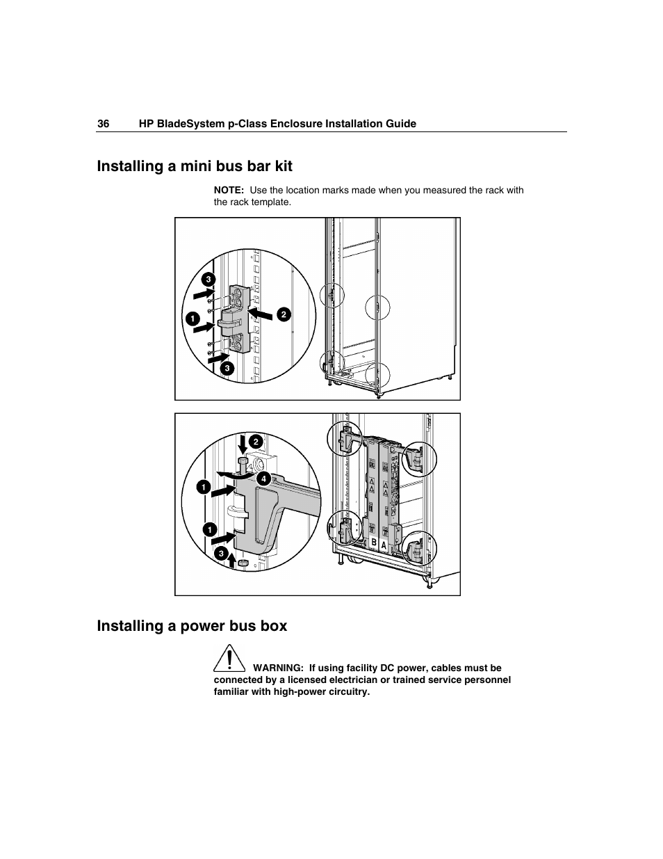 Installing a mini bus bar kit, Installing a power bus box | HP 354556-002 User Manual | Page 36 / 104