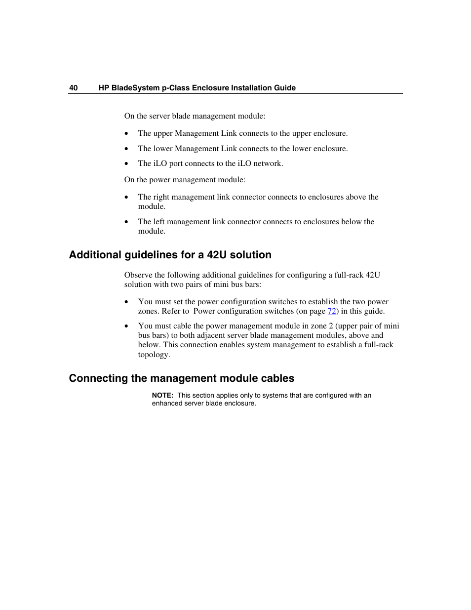 Additional guidelines for a 42u solution, Connecting the management module cables | HP 354556-002 User Manual | Page 40 / 104