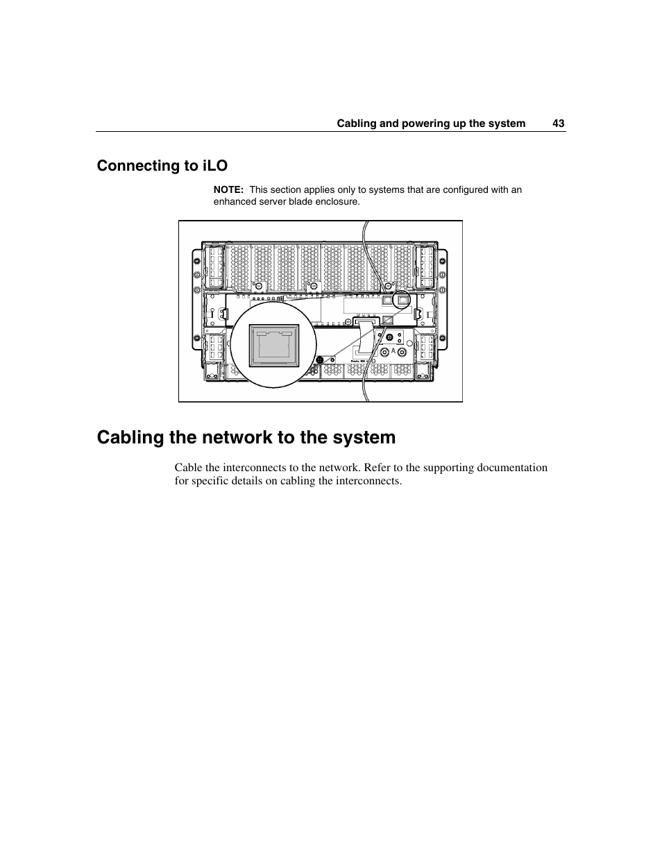 Connecting to ilo, Cabling the network to the system | HP 354556-002 User Manual | Page 43 / 104