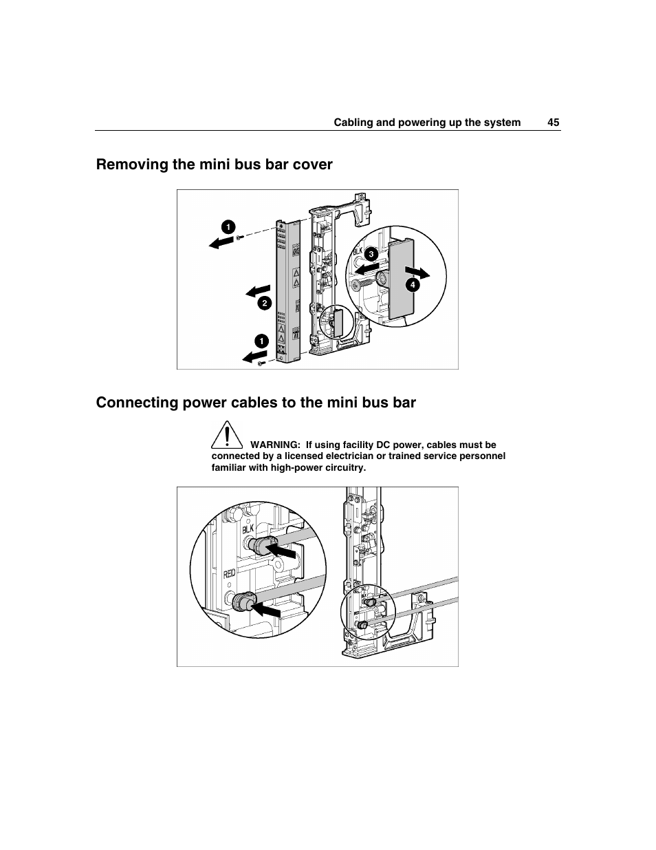 Removing the mini bus bar cover, Connecting power cables to the mini bus bar | HP 354556-002 User Manual | Page 45 / 104