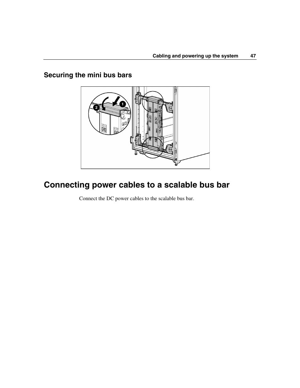 Securing the mini bus bars, Connecting power cables to a scalable bus bar | HP 354556-002 User Manual | Page 47 / 104