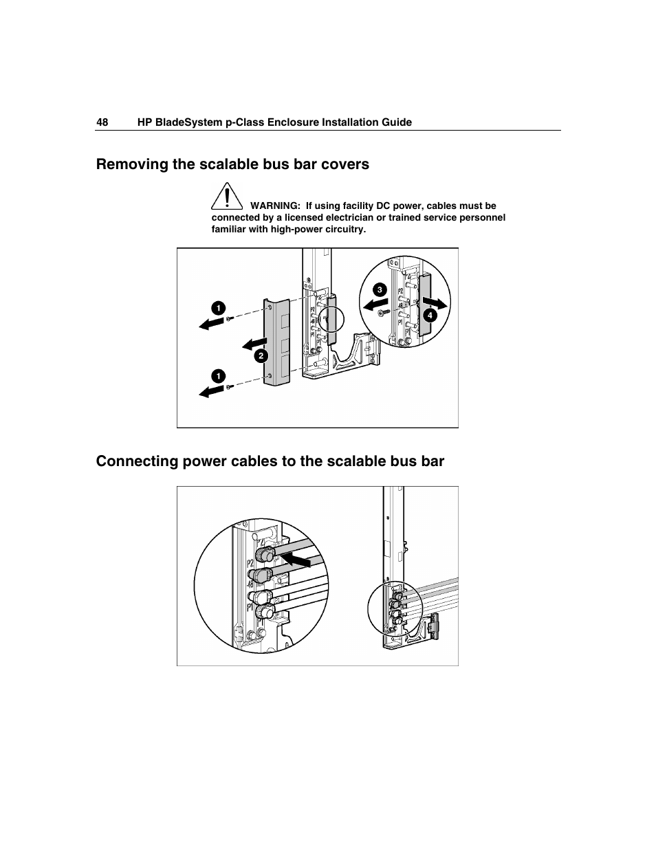 Removing the scalable bus bar covers, Connecting power cables to the scalable bus bar | HP 354556-002 User Manual | Page 48 / 104