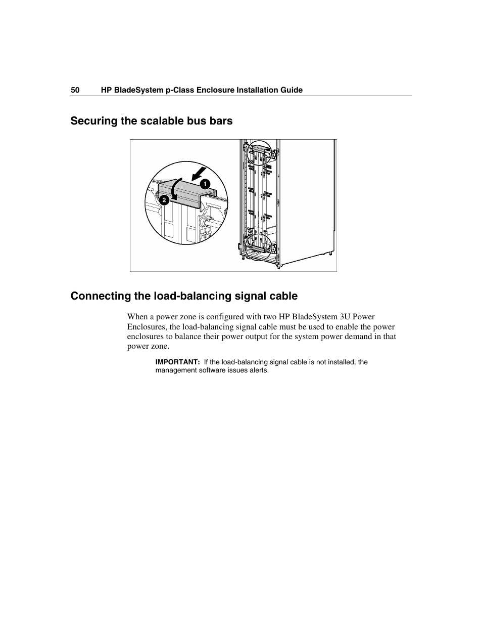 Securing the scalable bus bars, Connecting the load-balancing signal cable | HP 354556-002 User Manual | Page 50 / 104