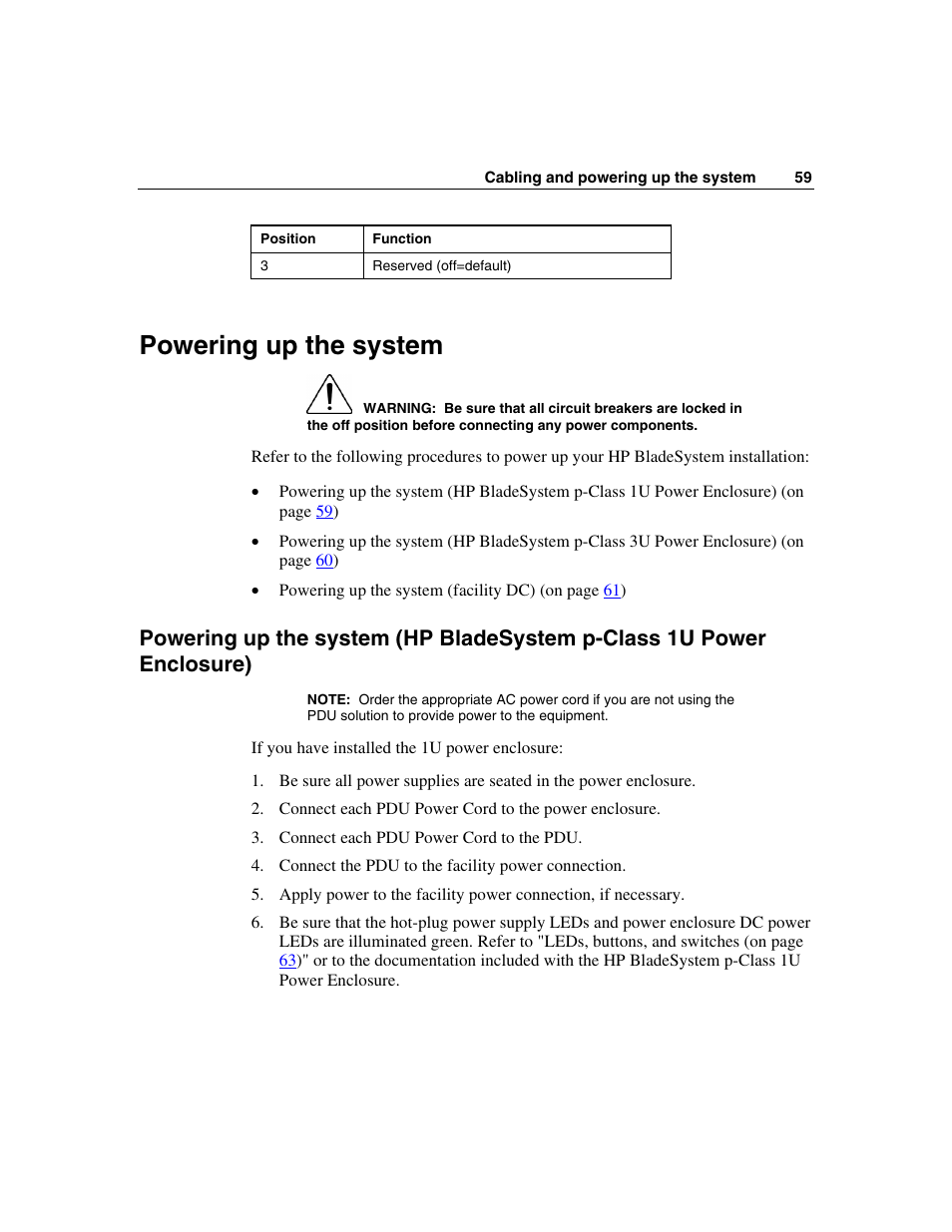 Powering up the system, Power source and power up the | HP 354556-002 User Manual | Page 59 / 104