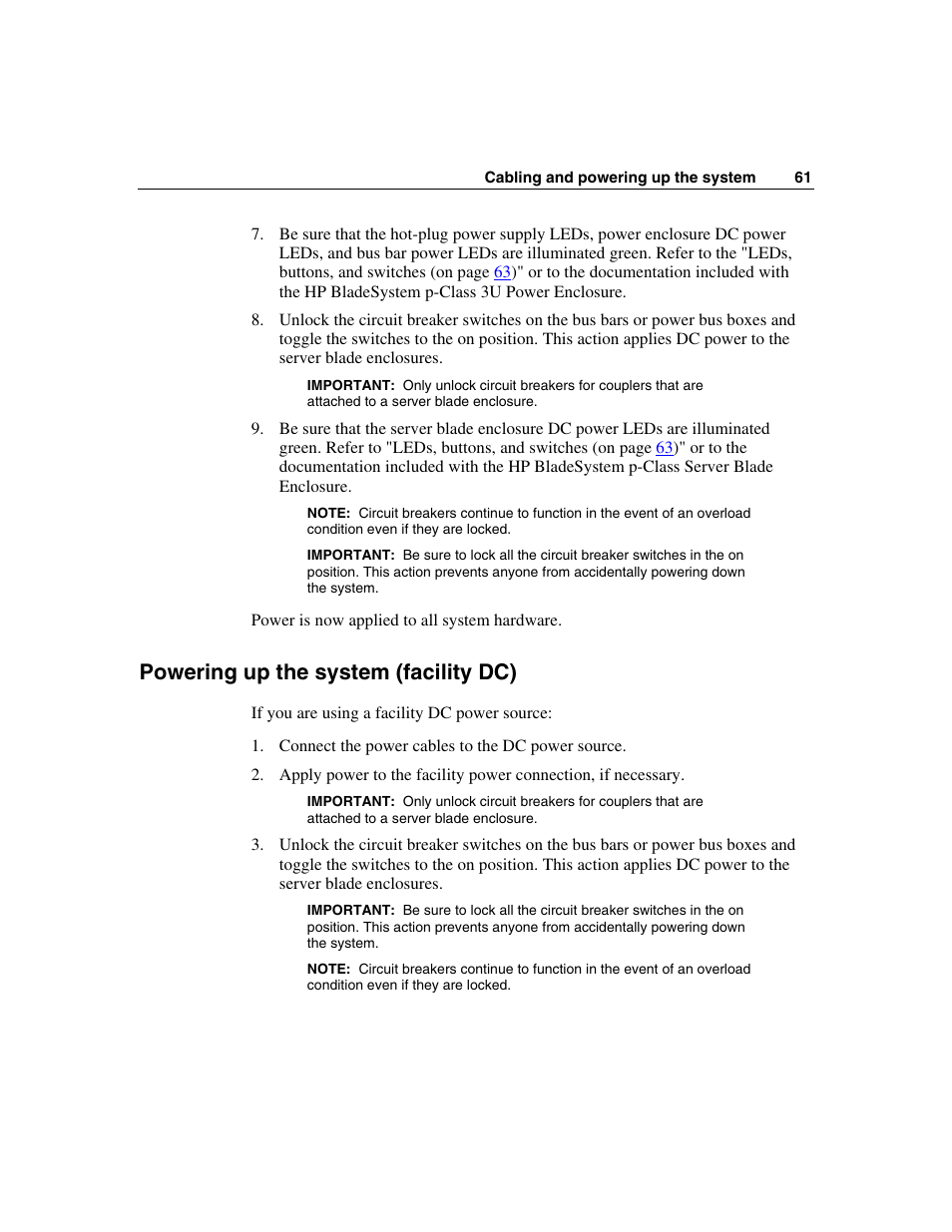 Powering up the system (facility dc) | HP 354556-002 User Manual | Page 61 / 104