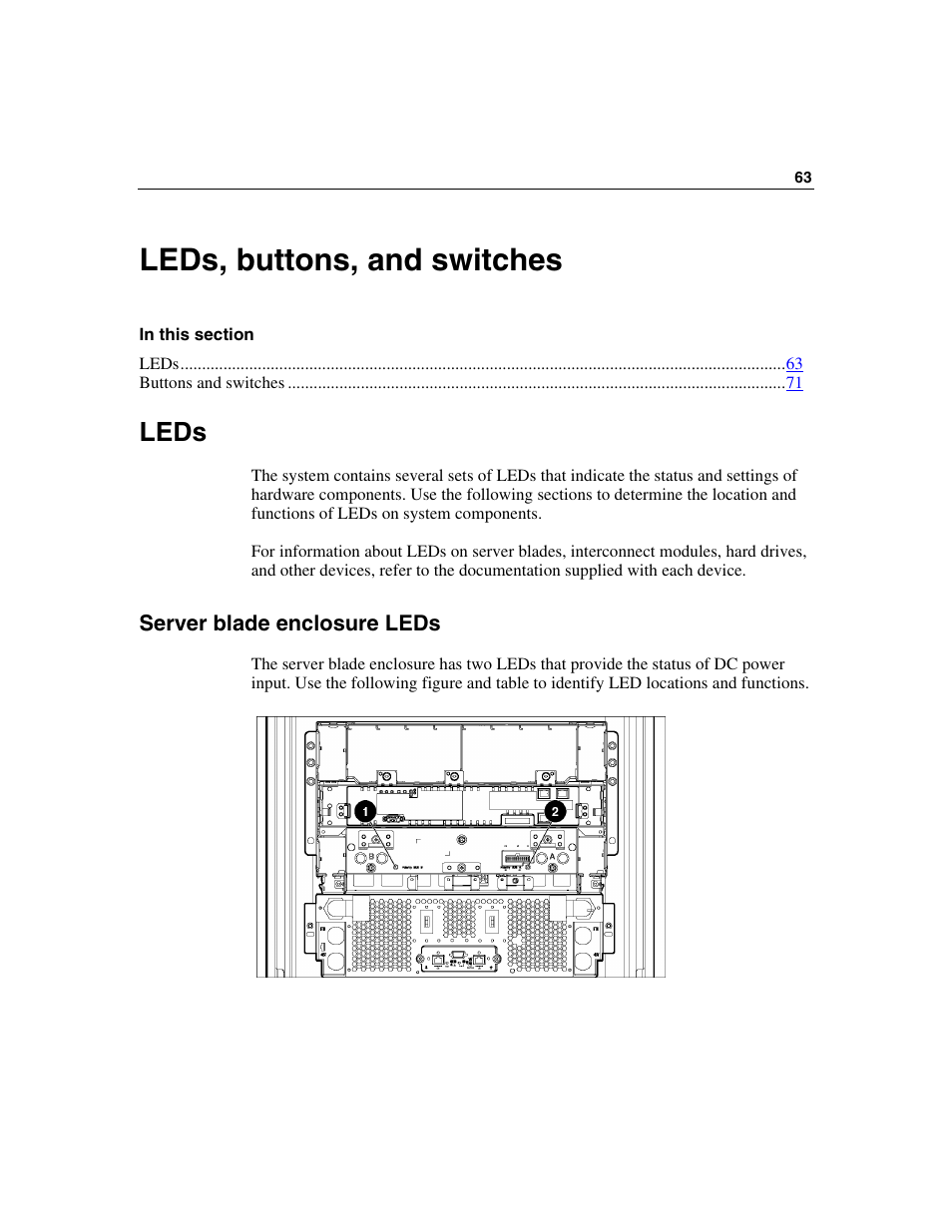 Leds, buttons, and switches, Leds, Server blade enclosure leds | Or t | HP 354556-002 User Manual | Page 63 / 104