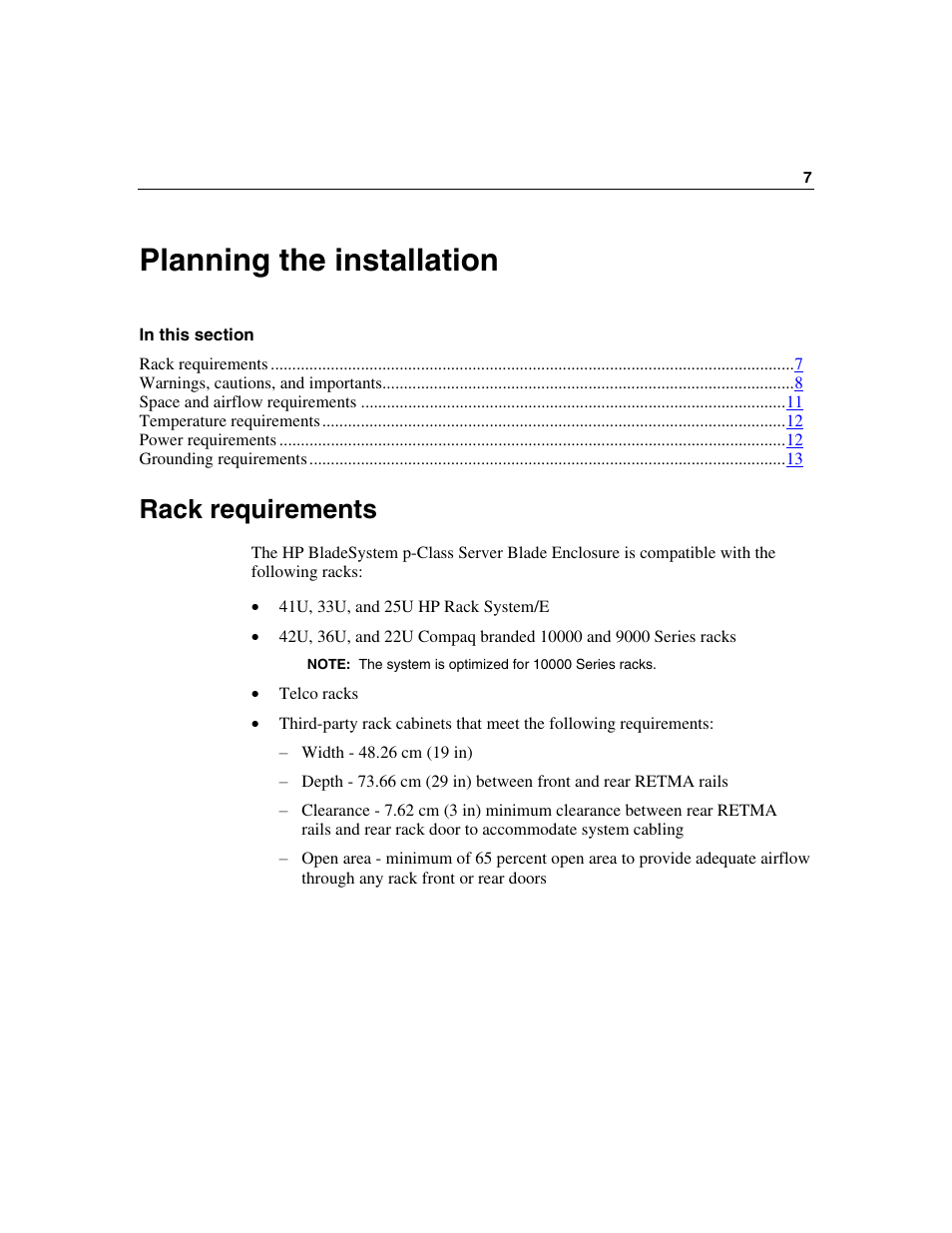 Planning the installation, Rack requirements | HP 354556-002 User Manual | Page 7 / 104