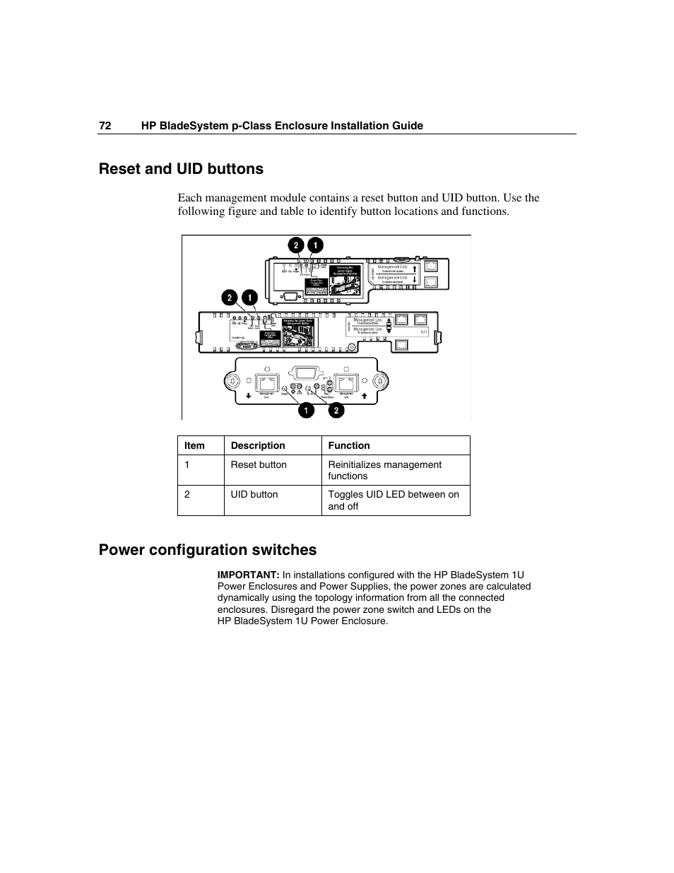 Reset and uid buttons, Power configuration switches | HP 354556-002 User Manual | Page 72 / 104