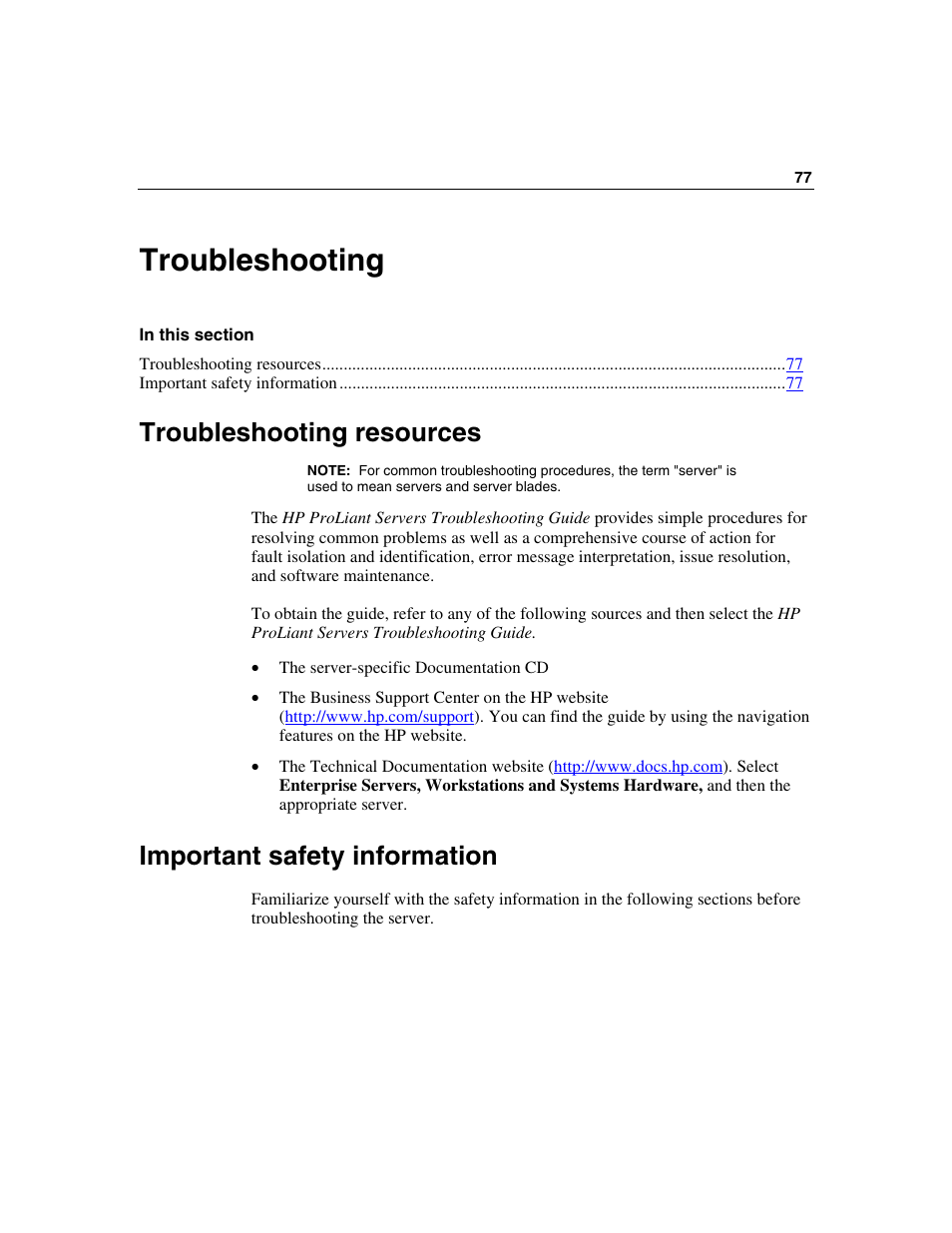 Troubleshooting, Troubleshooting resources, Important safety information | Troubleshooting 77 | HP 354556-002 User Manual | Page 77 / 104