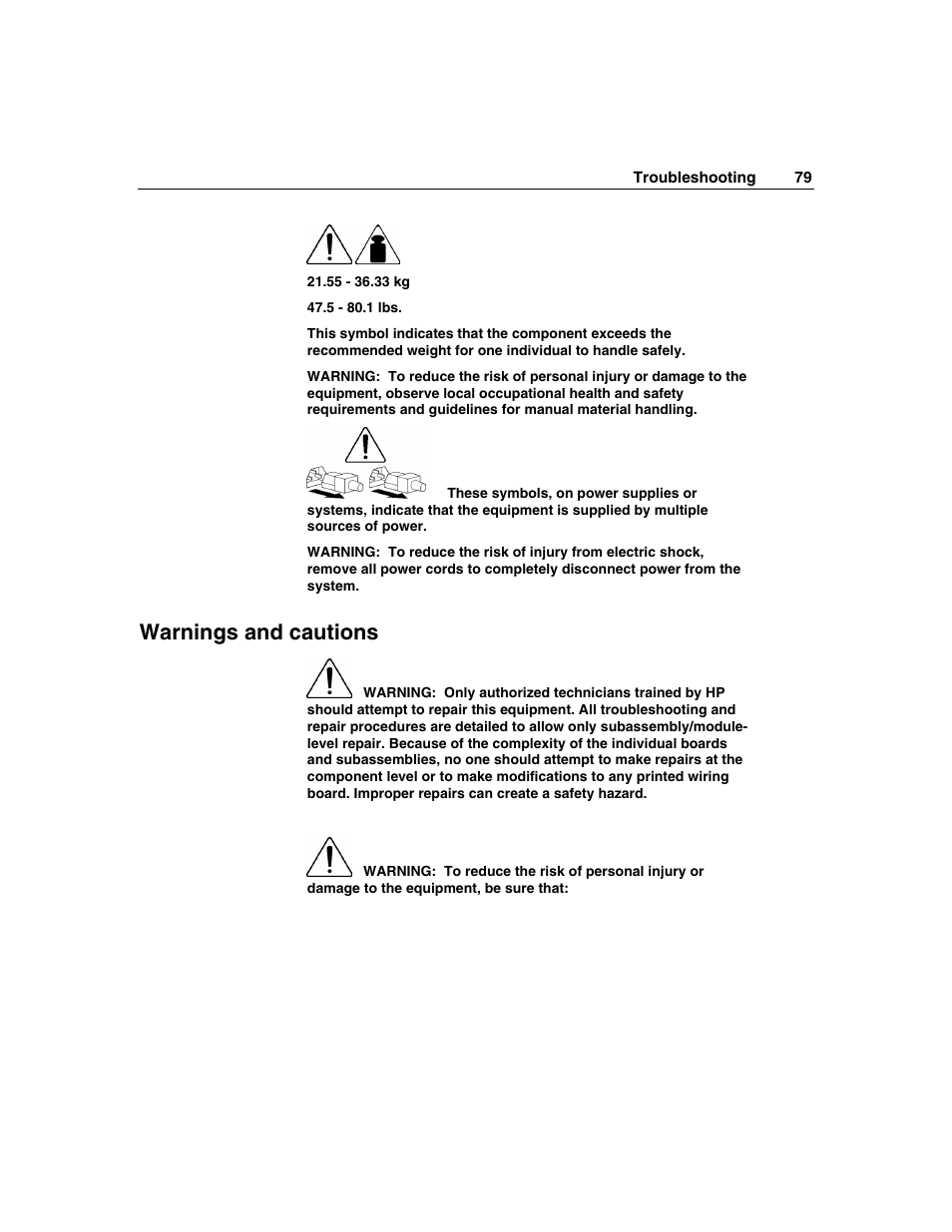 Warnings and cautions | HP 354556-002 User Manual | Page 79 / 104