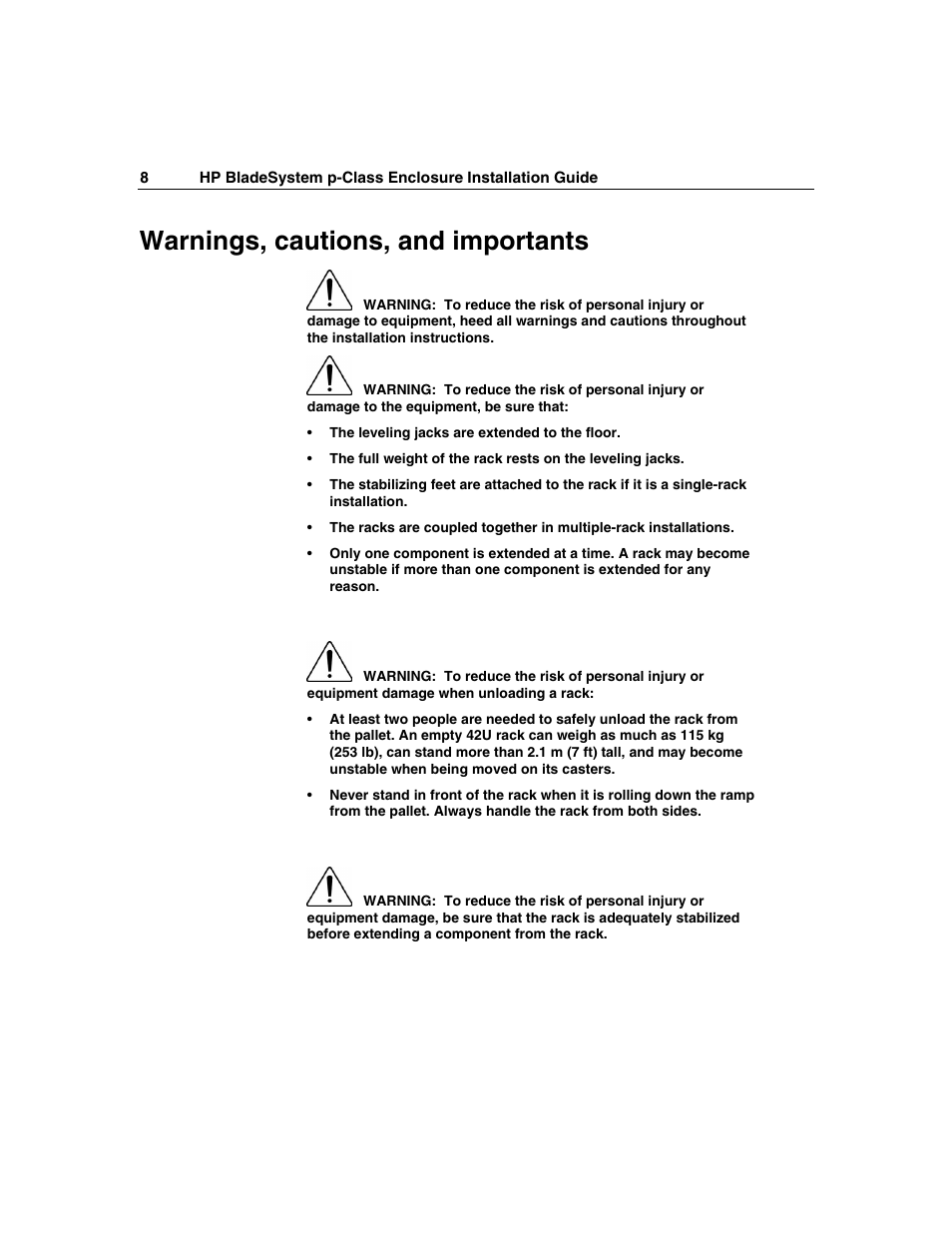 Warnings, cautions, and importants | HP 354556-002 User Manual | Page 8 / 104