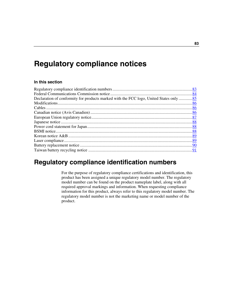 Regulatory compliance notices, Regulatory compliance identification numbers | HP 354556-002 User Manual | Page 83 / 104