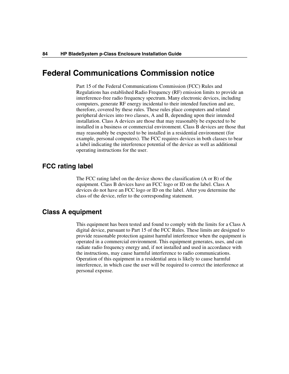 Federal communications commission notice, Fcc rating label, Class a equipment | HP 354556-002 User Manual | Page 84 / 104