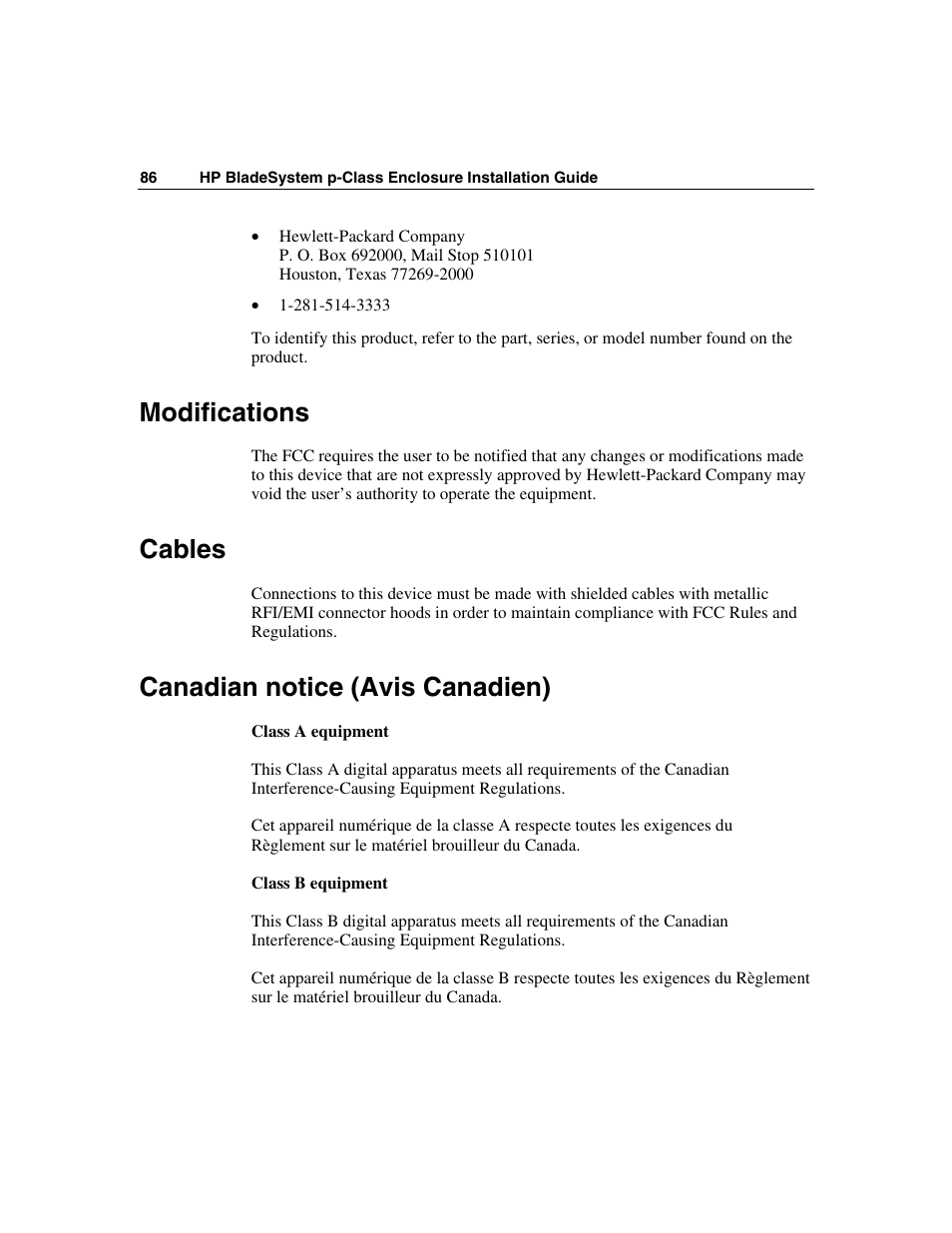 Modifications, Cables, Canadian notice (avis canadien) | HP 354556-002 User Manual | Page 86 / 104