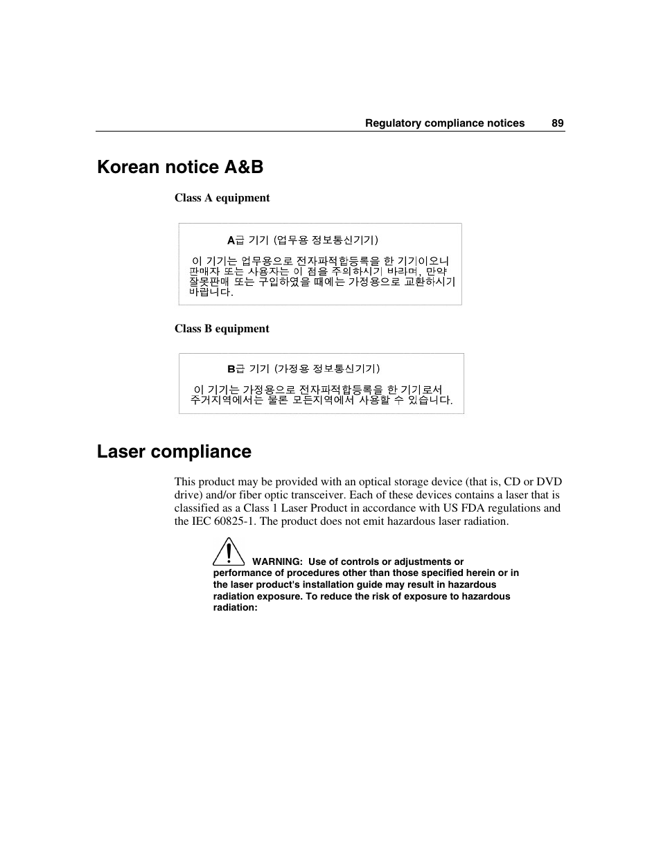 Korean notice a&b, Laser compliance | HP 354556-002 User Manual | Page 89 / 104