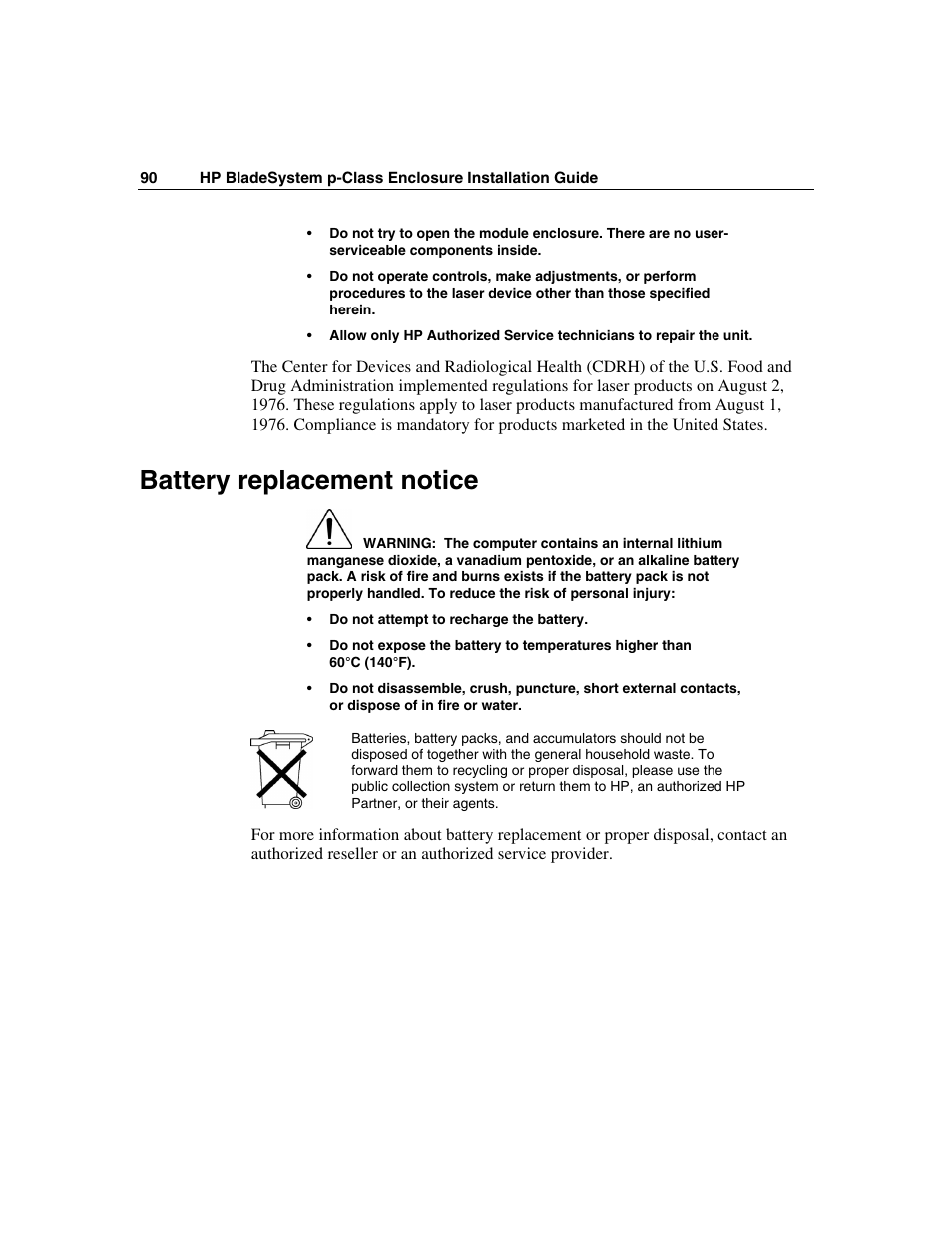 Battery replacement notice | HP 354556-002 User Manual | Page 90 / 104