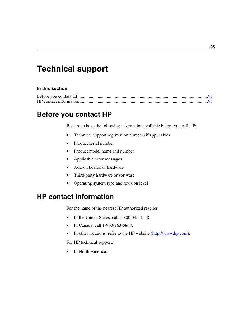 Technical support, Before you contact hp, Hp contact information | HP 354556-002 User Manual | Page 95 / 104