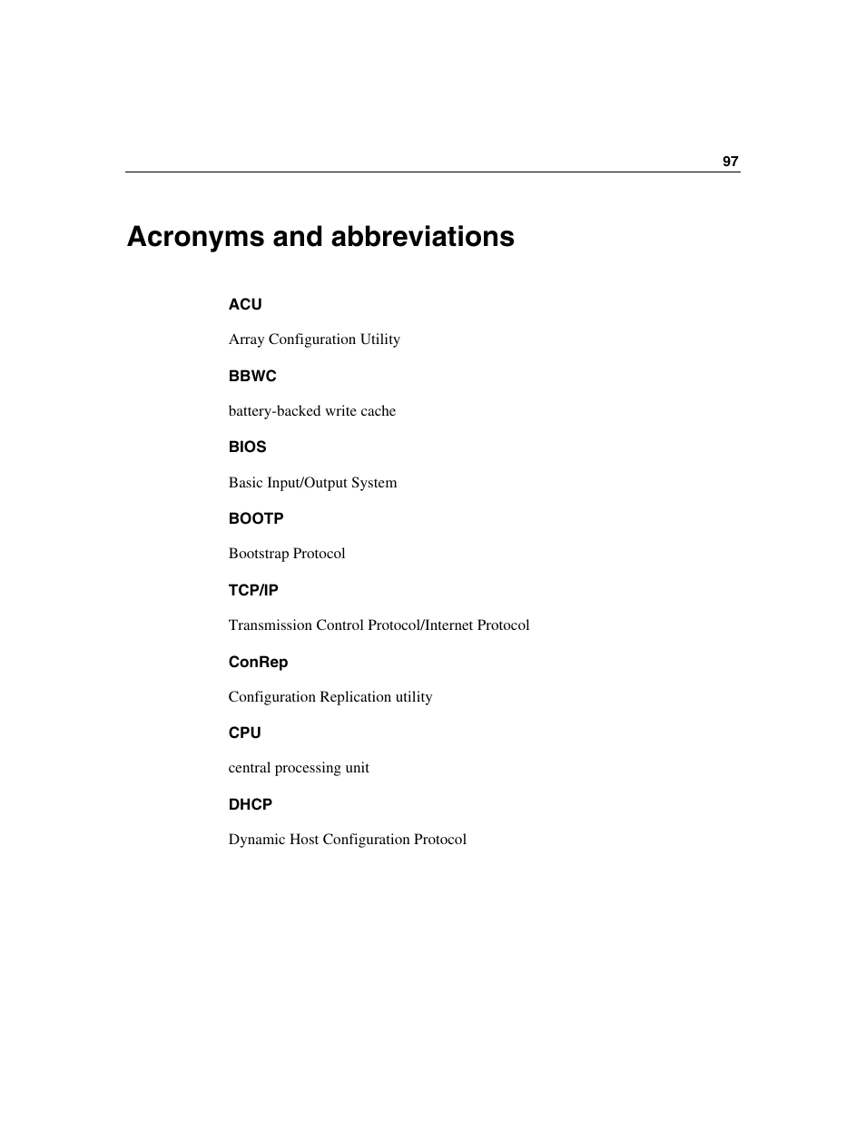 Acronyms and abbreviations | HP 354556-002 User Manual | Page 97 / 104