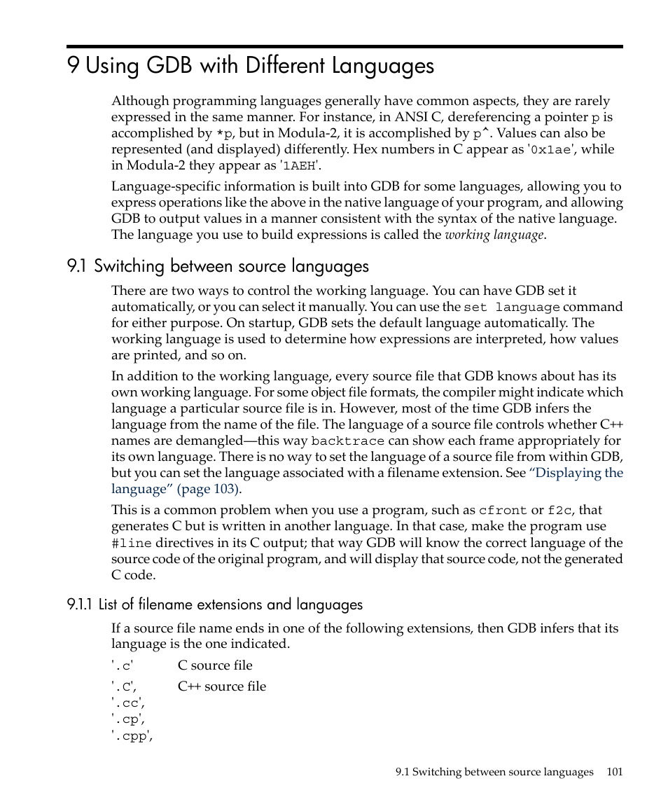 9 using gdb with different languages, 1 switching between source languages, 1 list of filename extensions and languages | HP gnu source-level debugger 5992-4701 User Manual | Page 101 / 369