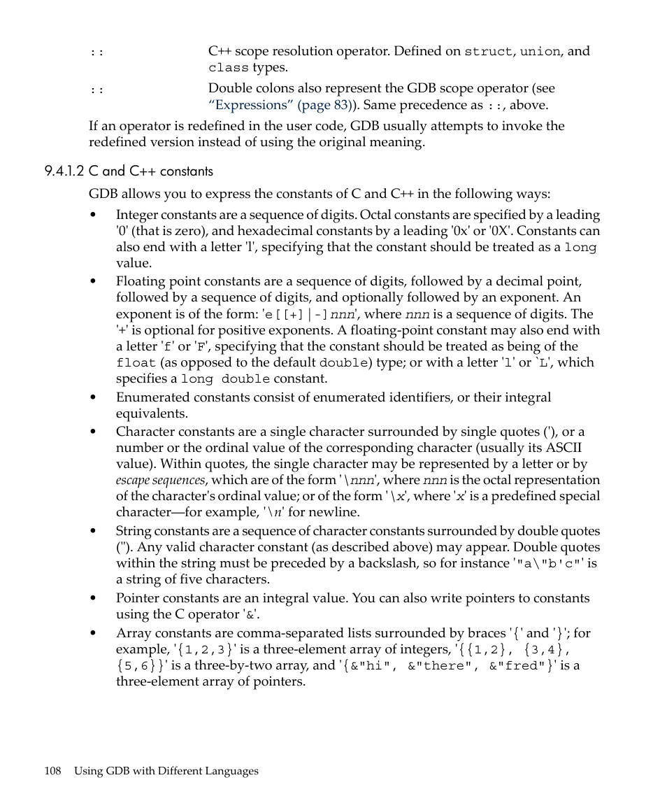 2 c and c++ constants | HP gnu source-level debugger 5992-4701 User Manual | Page 108 / 369