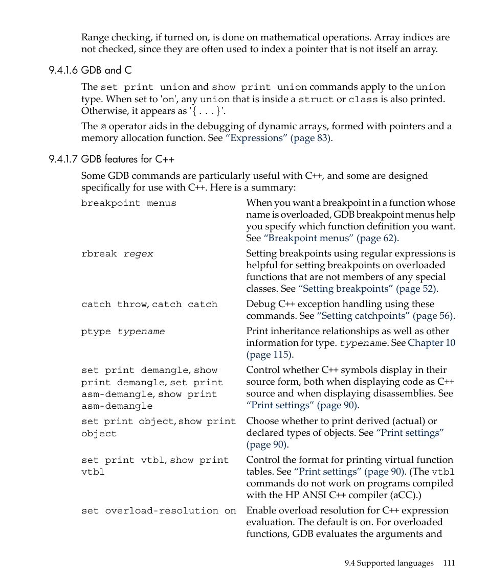6 gdb and c, 7 gdb features for c, 6 gdb and c 9.4.1.7 gdb features for c | HP gnu source-level debugger 5992-4701 User Manual | Page 111 / 369