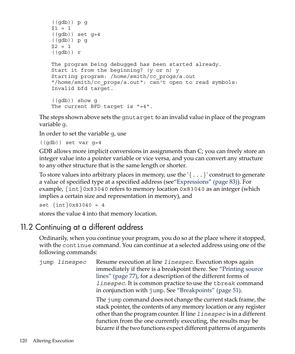 2 continuing at a different address, Continuing at a | HP gnu source-level debugger 5992-4701 User Manual | Page 120 / 369
