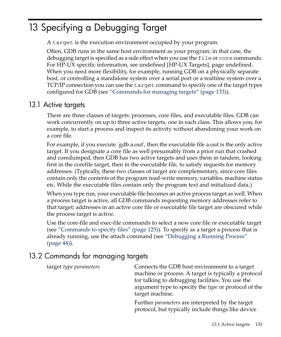 13 specifying a debugging target, 1 active targets, 2 commands for managing targets | HP gnu source-level debugger 5992-4701 User Manual | Page 133 / 369