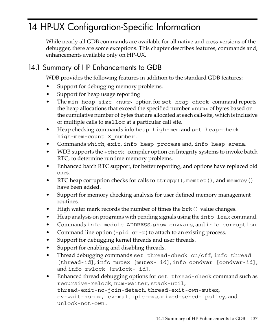 14 hp-ux configuration-specific information, 1 summary of hp enhancements to gdb | HP gnu source-level debugger 5992-4701 User Manual | Page 137 / 369