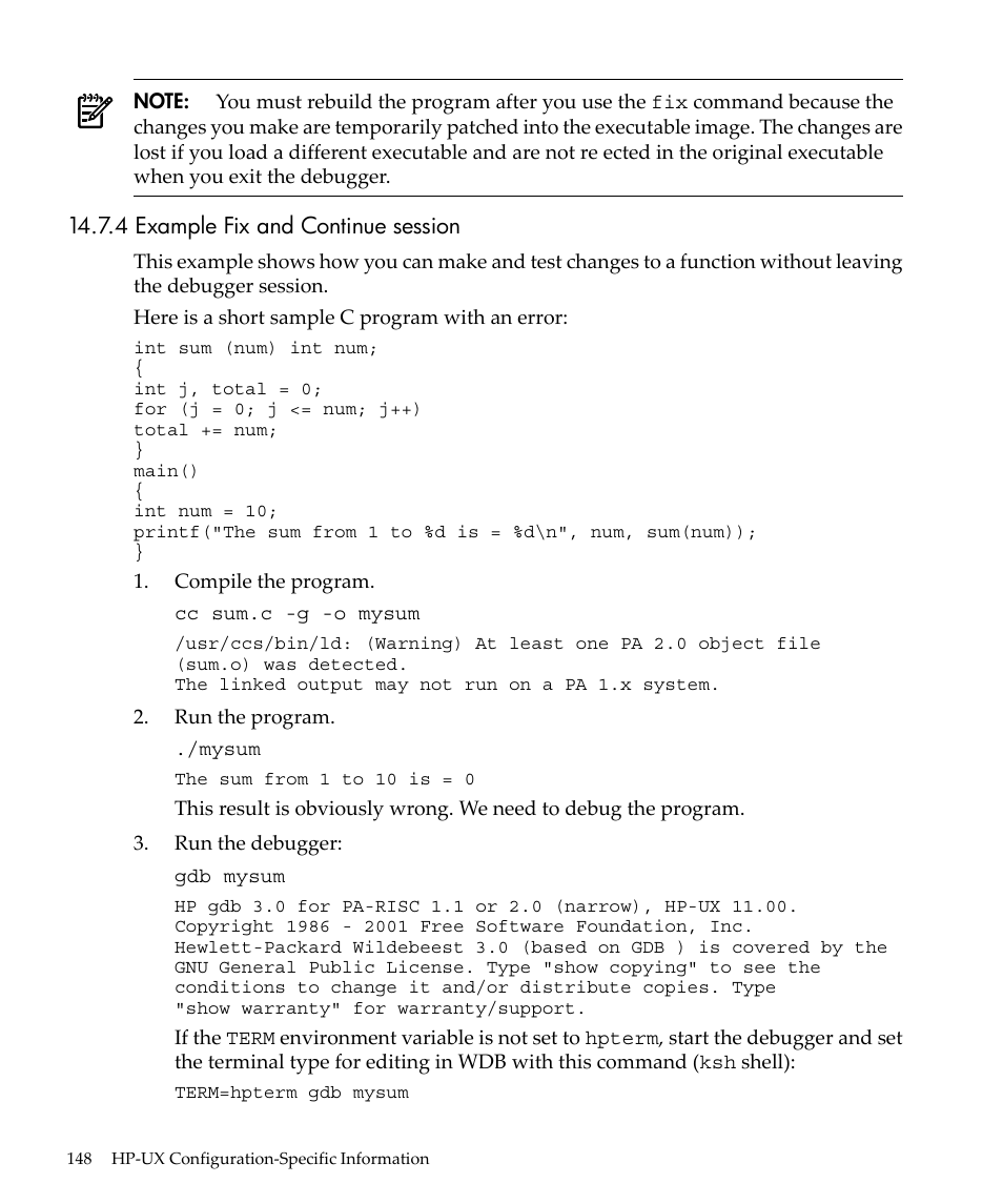 4 example fix and continue session | HP gnu source-level debugger 5992-4701 User Manual | Page 148 / 369